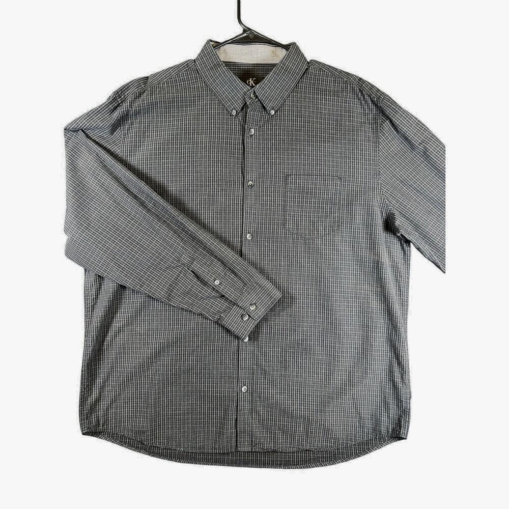 Calvin Klein Mens XL Gray Micro Check 100% Cotton Button Down Shirt